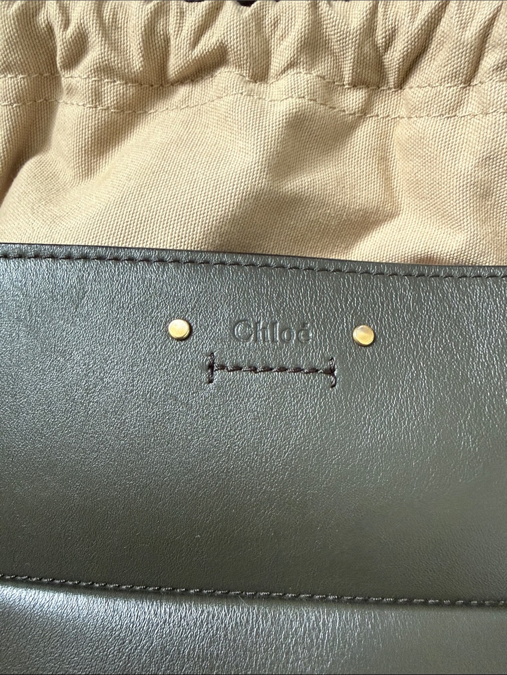 Chloé Olive Green Leather Drawstring Crossbody Bag with Tan Strap - Picture 2 of 7